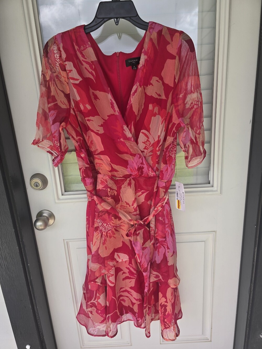 Tahari ASL Floral Wrap Dress Size 14 Pink Red Chiffon Belted Ruffle Wedding Gues - Picture 2 of 10